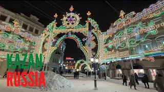 KAZAN, Russia! CHRISTMAS LIGHTS on Bauman Walking Street at Night in The Winter 2022-2023