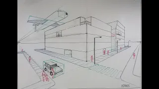 Dibujo de perspectiva con dos puntos de fuga sobre pizarra