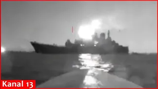 Moment of  sea drone attack on Russian ship - Ukraine shared the image of landing ship being fired