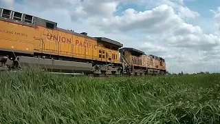 2 UP Locomotives with a lot freight cars Stops in Elkhart, Iowa