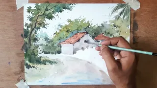 watercolor painting / beautiful watercolor landscape painting/ village scenary drawing #art