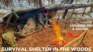 Solo Overnight Building a Shelter in The Snow and a Grilled Cheese Bacon Burger Cooked On a Shovel