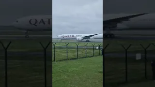 Qatar Airways Boeing 777-3ZG(ER) taxiing to the gate at Manchester, UK on arrival from Doha, Qatar!