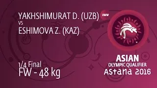 1/4 FW - 48 kg: Z. ESHIMOVA (KAZ) df. D. YAKHSHIMURAT (UZB) by TF, 10-0