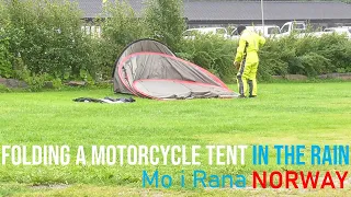 Folding a motorcycle (#lonerider) tent in the rain | Passed the #arcticcircle, Norway