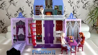 Disney Frozen II Fold and Go Arendelle Castle Dollhouse Unboxing Set Up Elsa Morning Evening Routine