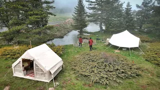 FOGGY CAMP WITH OUR INFLATABLE TENT AND STOVE