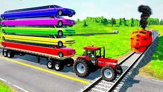 Double flatbed trailer truck Vs Speedbumps - Train vs Case Tractor Transporting - BeamNG.drive #163