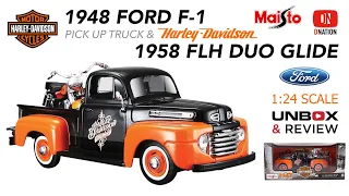 Harley Davidson 1948 Ford F1 Truck & 1958 FLH Duo Glide Motorcycle by Maisto 1:24 Scale - Dnation