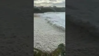 Tidal surge at Treyarnon in Cornwall as big surf comes through