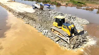 Best Videos Making Long Road by SHANTUI Bulldozer Push Stone And 5Ton Truck Spreading Stone to water