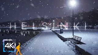 Snowy Helsinki Seashore Urban Night Walk After Midnight, Finland, 4K