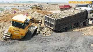 Powerful Shantui Bulldozer Pushing Dump Truck Stuck In Mud | Truck Recovery Wheel Loader & Bulldozer