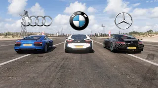 Audi R8 vs BMW I8 vs Mercedes AMG GT R drag race (Forza Horizon 5)