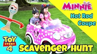 New MINNIE MOUSE HOT ROD COUPE 12V Ride On Car from KID TRAX + TOY STORY 4 Toys Scavenger Hunt!