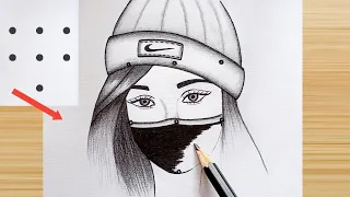 How to draw a Girl with mask pencil drawing || easy girl face drawing step by step || चित्र , draw