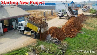 Perfectly Just Starting New Project Filling Land Project By Trucks 5T & Bulldozer Pushing Stone Soil