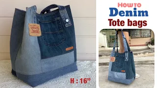 how to sew a denim tote bags tutorial. sewing diy a large denim tote bags tutorial. upcycle denim.