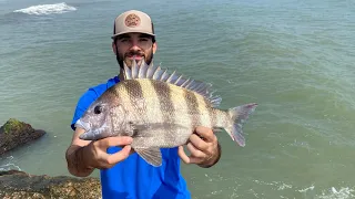 Giant SHEEPSHEAD on the rocks! South Texas jettie fishing pays OFF