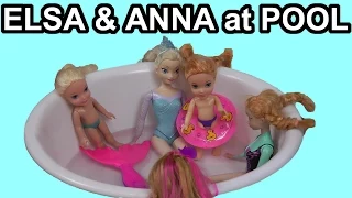 Elsa and Anna toddlers & Olaf go to the POOL with Barbie