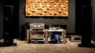 Magico M2 towers, Luxman L-509X integrated amplifier, Goldnote Valore turntable, Hana SL Cartridge