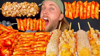 ASMR MOZZARELLA CHEESE CORN DOGS, SPICY RICE CAKE TTEOKBOKKI, KOREAN POTATO CORN DOG MUKBANG 먹방 꿀벌