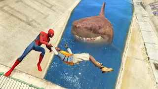 GTA 5 Water Ragdolls Spiderman #2 (Megalodon, Euphoria Physics)