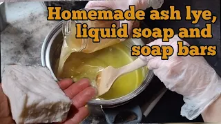 Homemade ash lye, liquid soap and soap bars. DIY