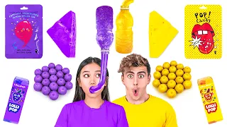 EATING ONLY ONE COLOR FOOD FOR 24 HOURS! Purple VS Yellow Mukbang by 123GO! CHALLENGE