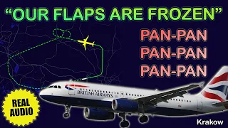 “Our flaps are frozen”. British Airways A320 declared PAN-PAN after departure from Krakow. Real ATC