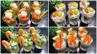 Festive snacks in a glass to surprise your guests. Snacks for a party or buffet!