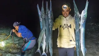 Menombak Ikan malam hari nyasar ke spot kerumunan Ikan dan Panen Giant Needlefish