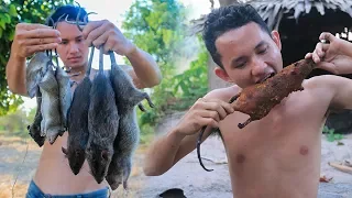 Primitive Technology: Find rat (mouse) in rice field - Grilled rat eating delicious