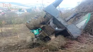 Extreme Dangerous Wood Skidder Operator Cross Slippery Muddy Road, Tractor Fails