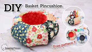 DIY Basket Pincushion | Free Pattern | Fabric Scraps Craft Idea [sewingtimes]