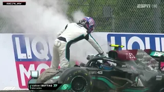 Bottas gives the middle finger, -Russell and Bottas crash and fight. russell gives a slap.