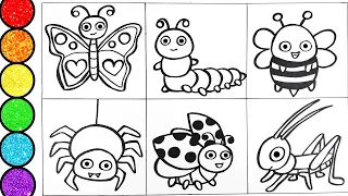 Learn How to draw Insects- Butterfly Caterpillar Spider Bee others-Glitter Art for kids