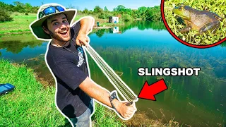 SLINGSHOT Bullfrog Hunting CHALLENGE in My BACKYARD!!! (CATCH CLEAN COOK)