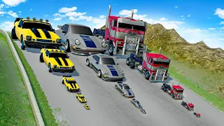 Big & Small Bumblebee vs Big & Small Mirage Porsche 911 vs Optimus Prime vs DOWN OF DEATH in BeamNG