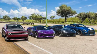 Forza Horizon 5 Drag race: Dodge Demon vs McLaren GT vs Corvette Z06 vs 2020 Ford Shelby GT500