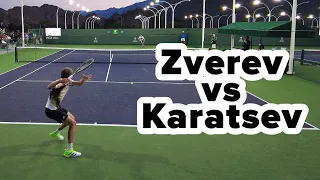 Alexander Zverev practices with Aslan Karatsev at 2022 Indian Wells