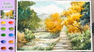 Without Sketch Landscape Watercolor - Take a walk (color mixing, Arches)NAMIL ART