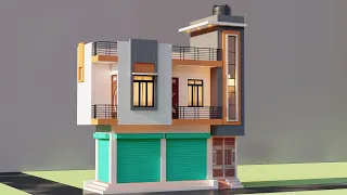 निचे दो दुकान ऊपर मकान का नक्शा ,8 By 25 Shop With Corner House Elevation