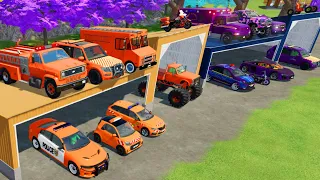 TRANSPORTING CARS, FIRE TRUCK, POLICE CARS, AMBULANCE OF COLORS! WITH TRUCKS! - FARMING SIMULATOR 22