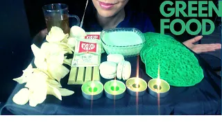 ASMR:GREEN FOOD(SPONGE CREPES, MACARONS, KIT-KAT, WASABI CHIPS) KEALIA ASMR