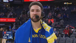 Klay Thompson talks after Golden State Warriors beat Oklahoma City Thunder 141-114