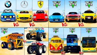 Monster Truck vs Ferrari F40 vs BMW Turbo vs Monster Bus - GTA 5 Cars and Monster Trucks Comparison