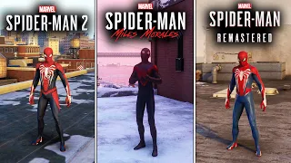 SPIDER-MAN 2 vs MILES MORALES VS SPIDER-MAN 1 - Physics and Details Comparison (PS5)