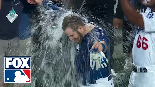 Yasiel Puig gives Dodgers hero Max Muncy a Gatorade shower during postgame interview | FOX MLB