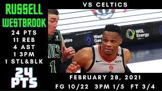 Russell Westbrook 24 PTS, 11 REB, 4 AST, 1 3PM, 1 STL - Wizards vs Celtics - February 28, 2021